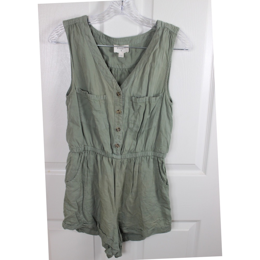 EVERLY Olive Green Utility Button Front Collared‎ Sleeveless Romper Short Size S